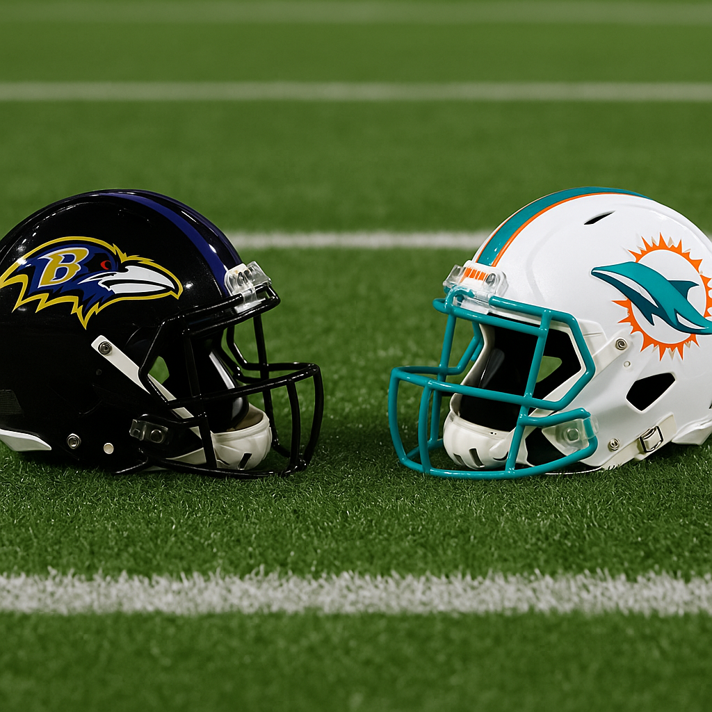 Ravens vs Dolphins Helmets on Turf