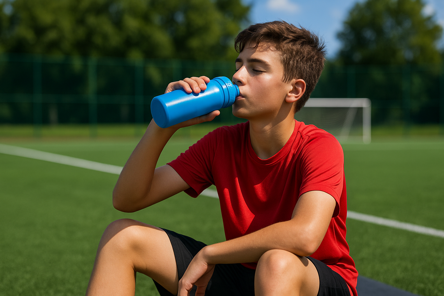 Teen Athlete Hydrating on Turf Field